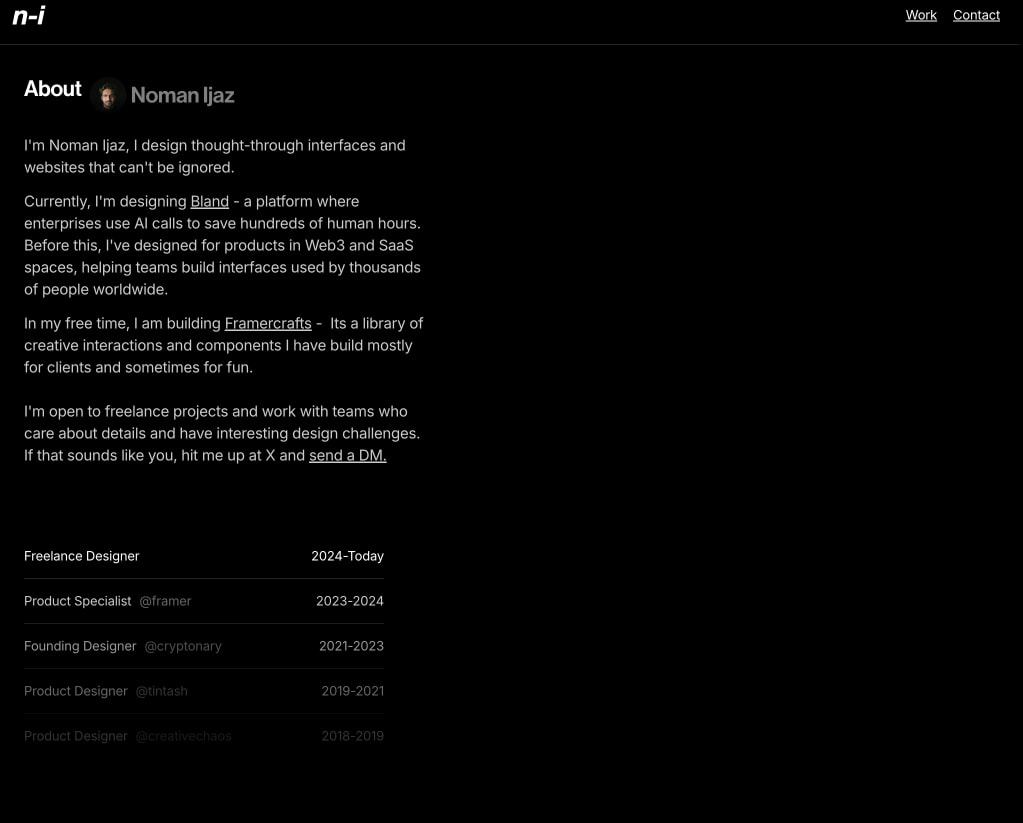 About page in a narrower viewport with stacked biography and work history sections, maintaining the dark theme and typographic hierarchy. captured website design