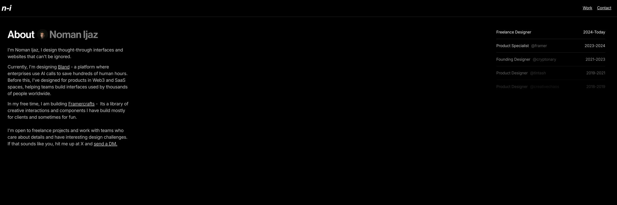 About page with split layout showing biography text on the left and a vertical work history timeline on the right against a black background. captured website design