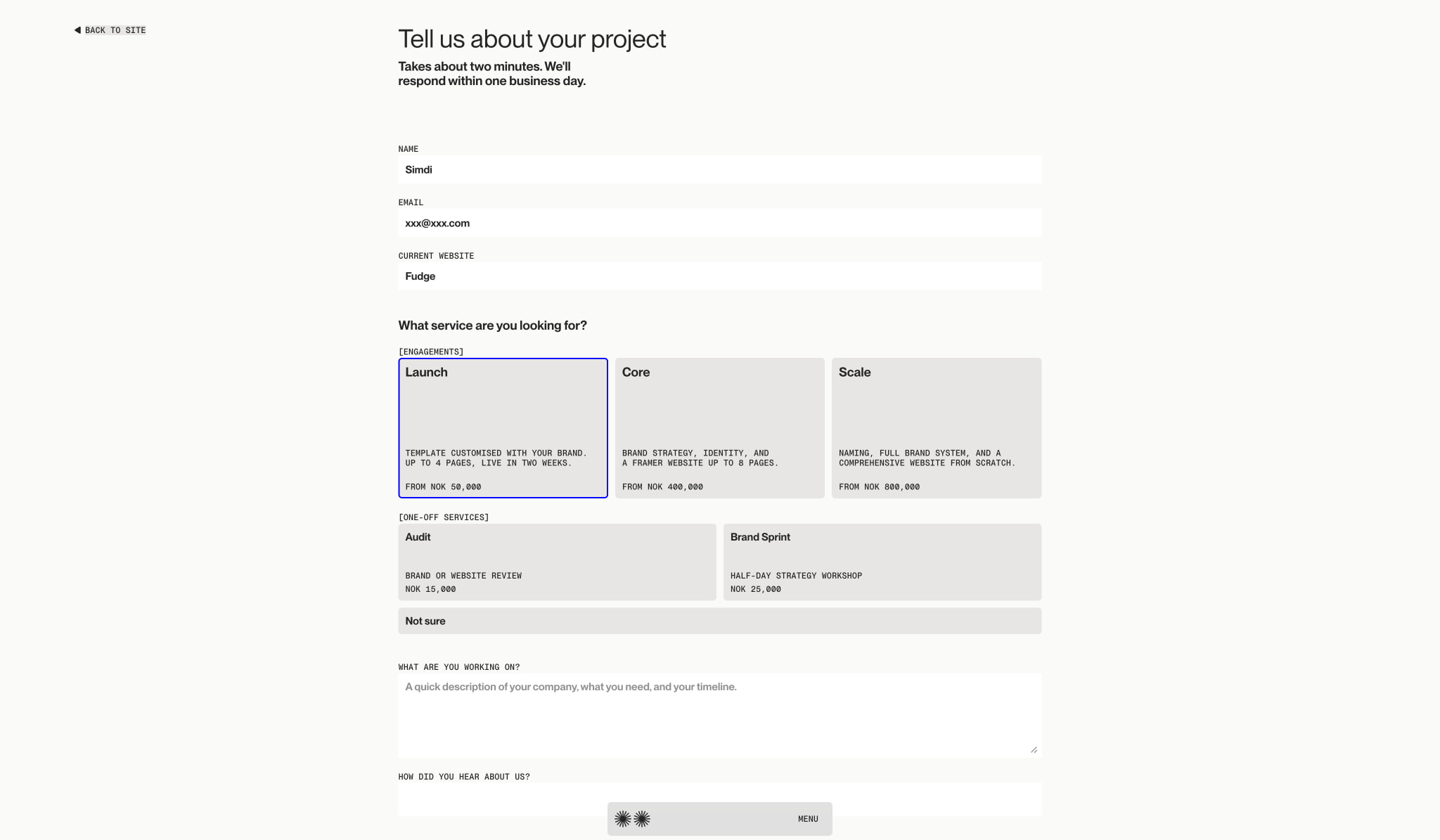Start a Project – Duties.xyz captured website design