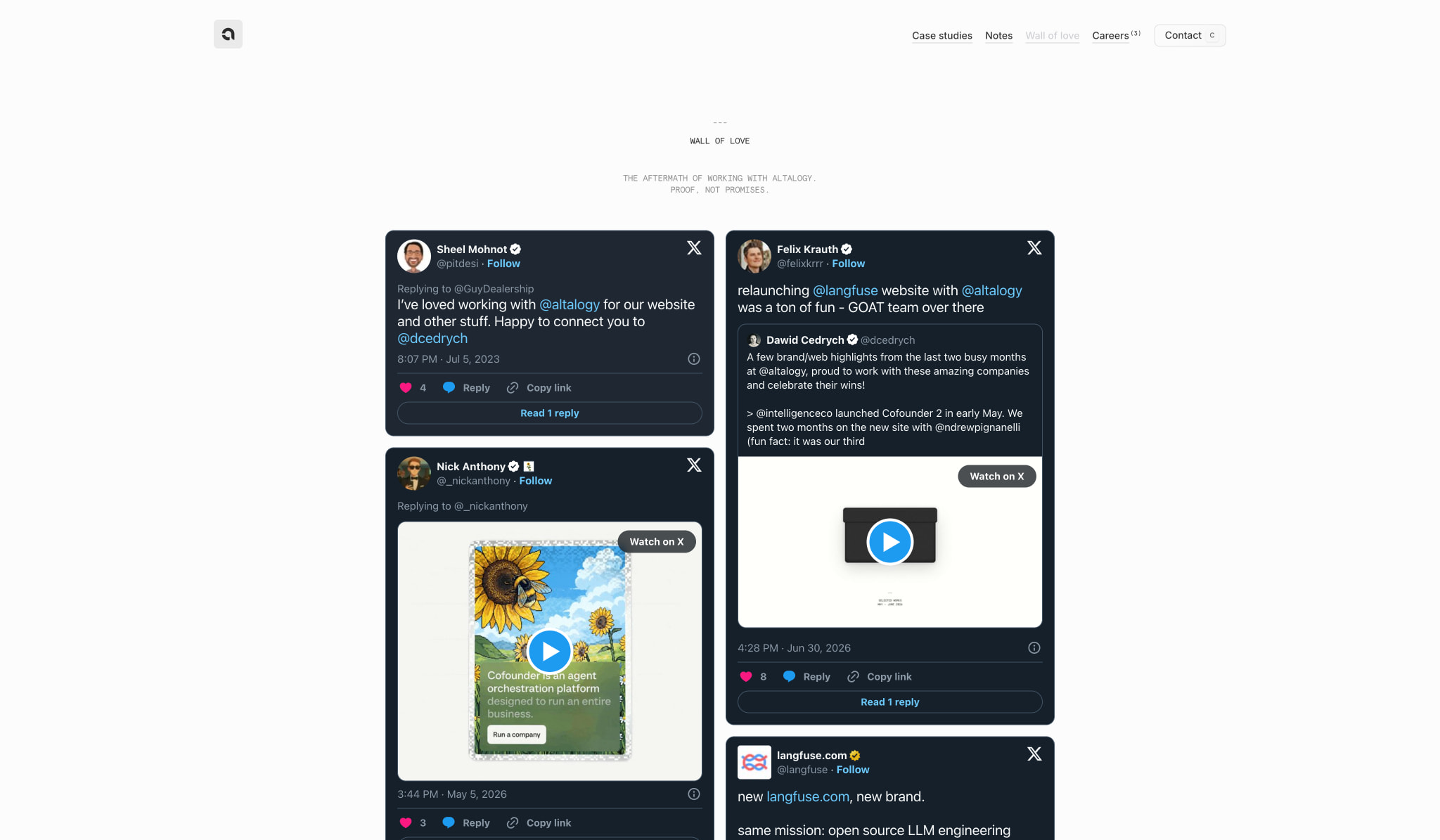 Wall of Love | Client Testimonials for Altalogy Studio captured website design