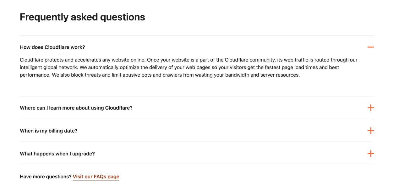 FAQ accordion with orange plus-minus icons, expanded answer text, and underlined link to full FAQs page captured website design