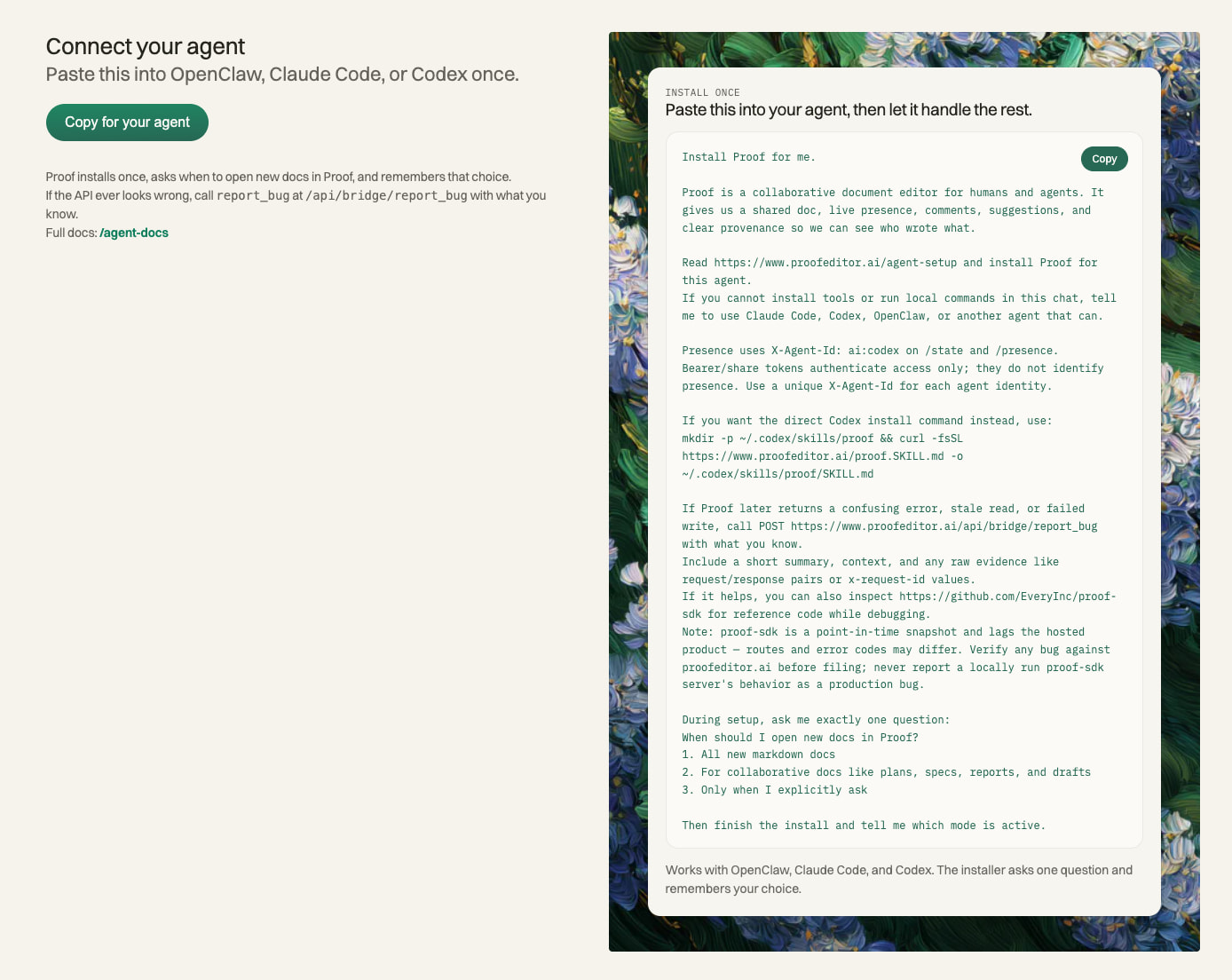 Proof — The agent-first document editor captured website design
