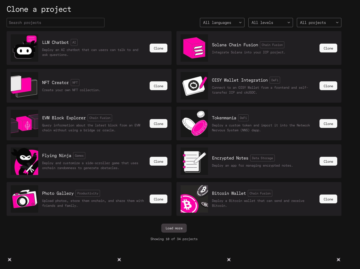Project grid with search, filters, and ten cloneable project cards featuring magenta and white illustrations captured website design