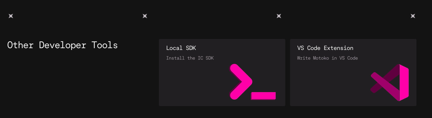 Developer tools section with magenta terminal and VS Code icons on dark cards against black background captured website design