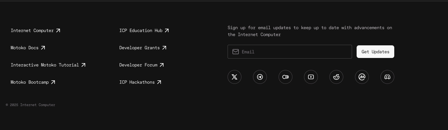 Footer section with resource links, email signup form, and social media icon row on near-black background captured website design