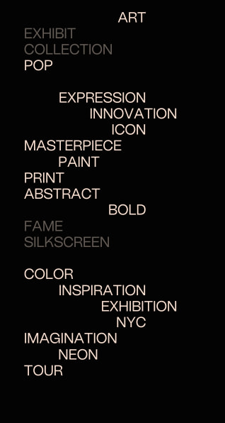 Keyword cloud with staggered alignment showing art-related terms in light and muted tones on black background captured website design