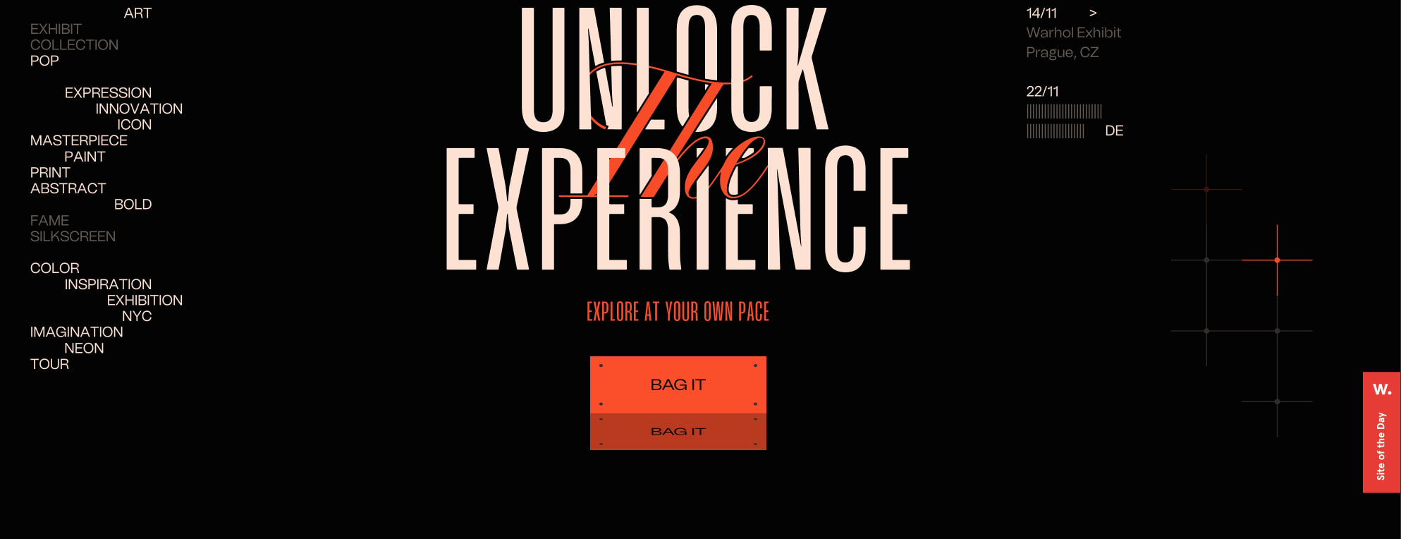 Dark section with stacked 'UNLOCK EXPERIENCE' display typography, orange-red script 'the' overlay, keyword cloud, and 'BAG IT' buttons captured website design