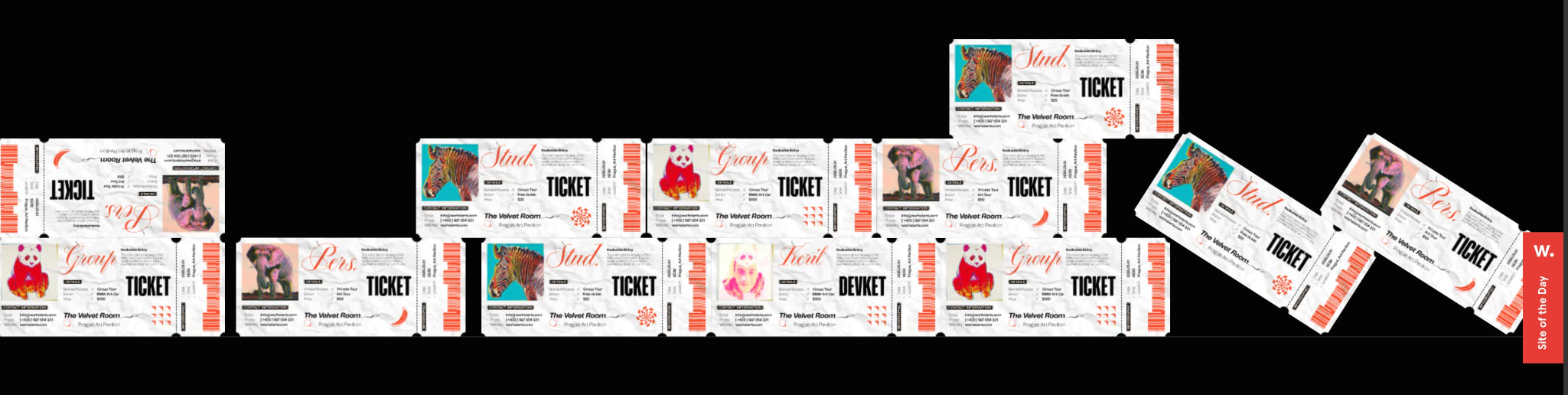 Horizontal gallery of event tickets with animal photography, orange-red accents, and 'The Velvet Room' branding on black background captured website design