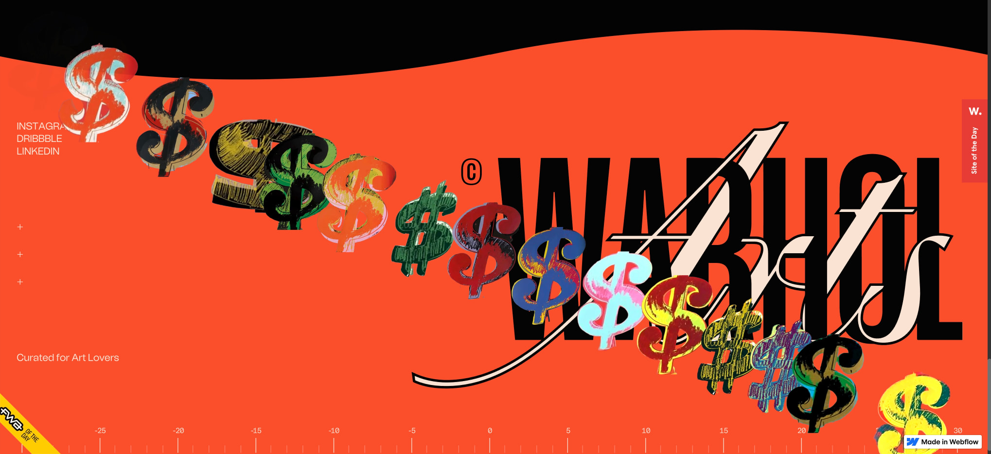 Hero section with large black 'WARHOL' display type on vivid orange-red background, scattered painted dollar signs, and social links in left margin captured website design