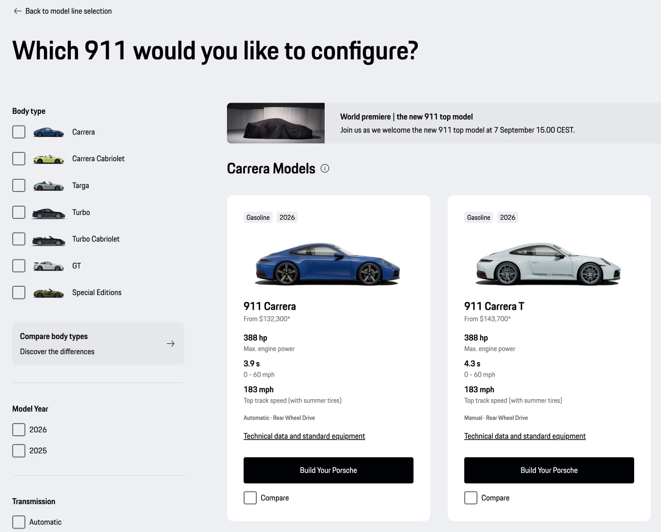 Model Overview 911 | Porsche Car Configurator captured website design