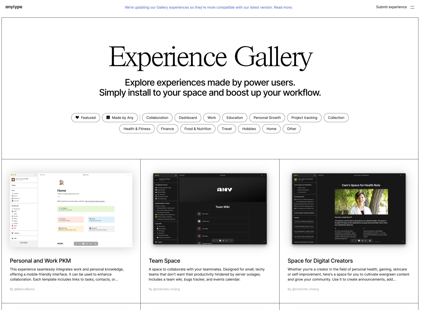 Full page view showing top navigation bar, hero section, and three-column grid of experience cards with screenshots and descriptions captured website design