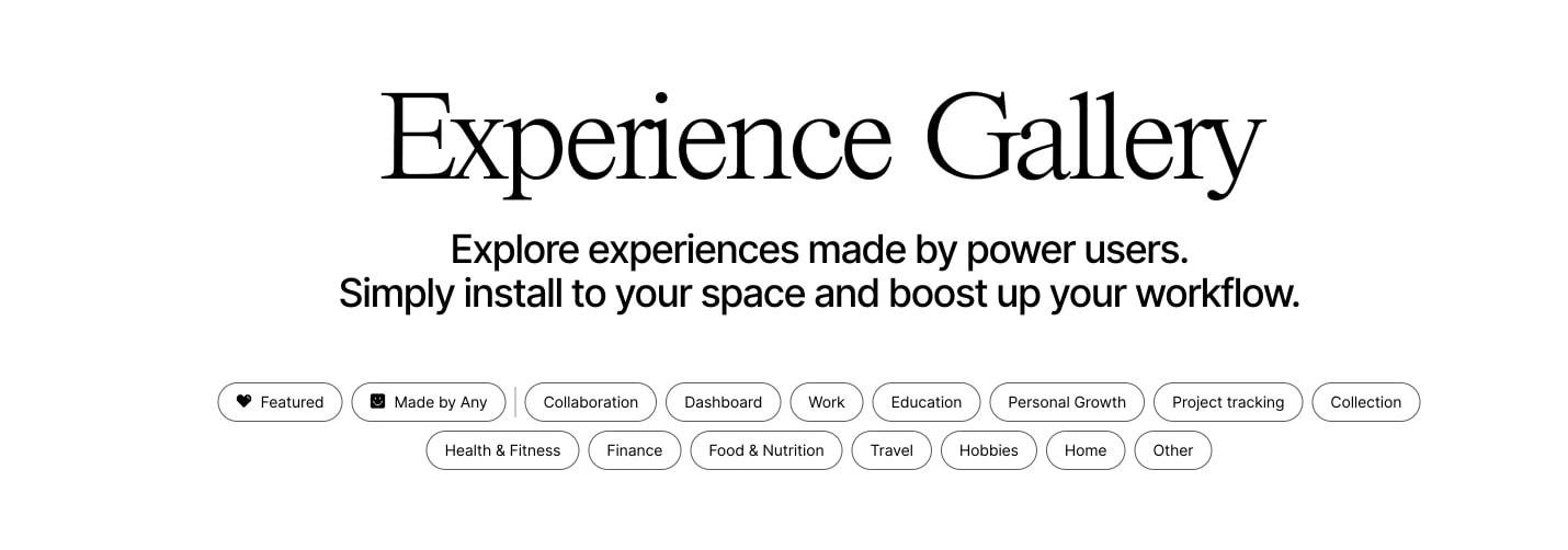 Hero section with large serif title, centered subtitle, and two rows of pill-shaped category filter chips on white background captured website design