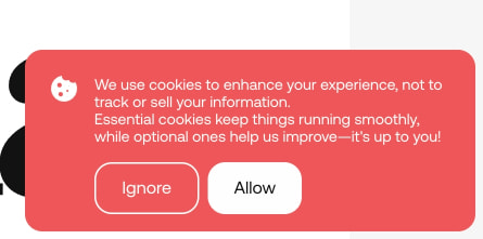 Coral cookie consent banner with white text, two pill-shaped buttons, and cookie icon on rounded panel captured website design