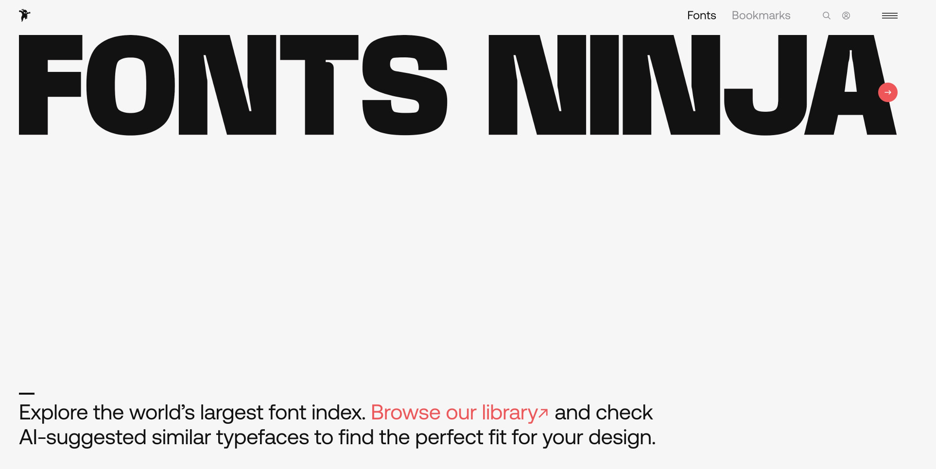 Homepage hero with massive 'FONTS NINJA' wordmark in black on off-white, coral accent dot, and navigation bar with hamburger menu captured website design