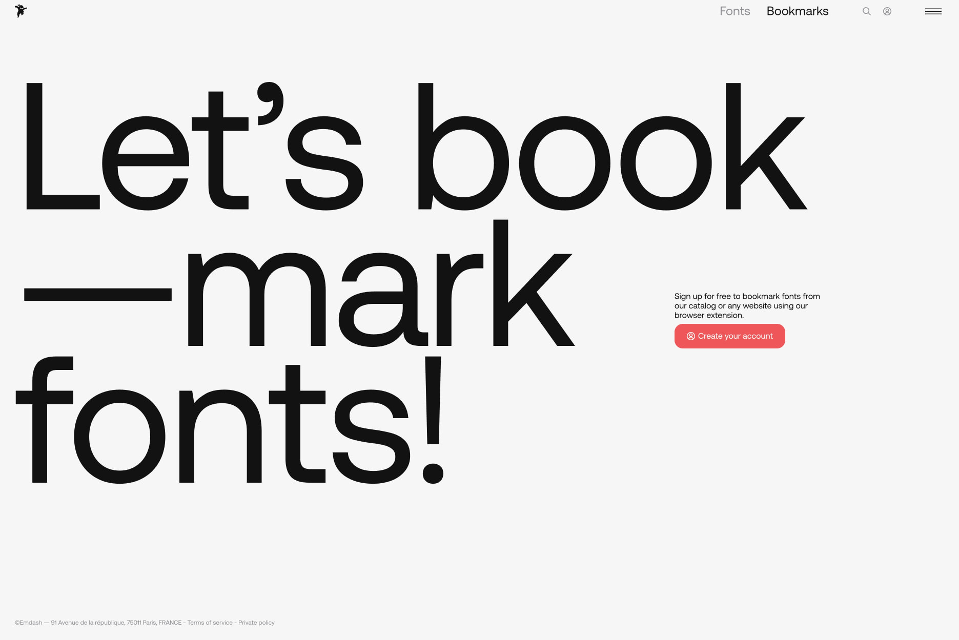 Bookmarks page with oversized 'Let's bookmark fonts!' display typography, coral CTA button, and minimal footer captured website design