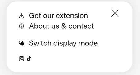 White rounded menu panel with download icon, display mode toggle, and social links on light gray background captured website design
