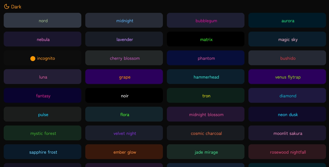 Dark theme preference grid showing colorful named theme pills on near-black background with incognito selection indicator captured website design