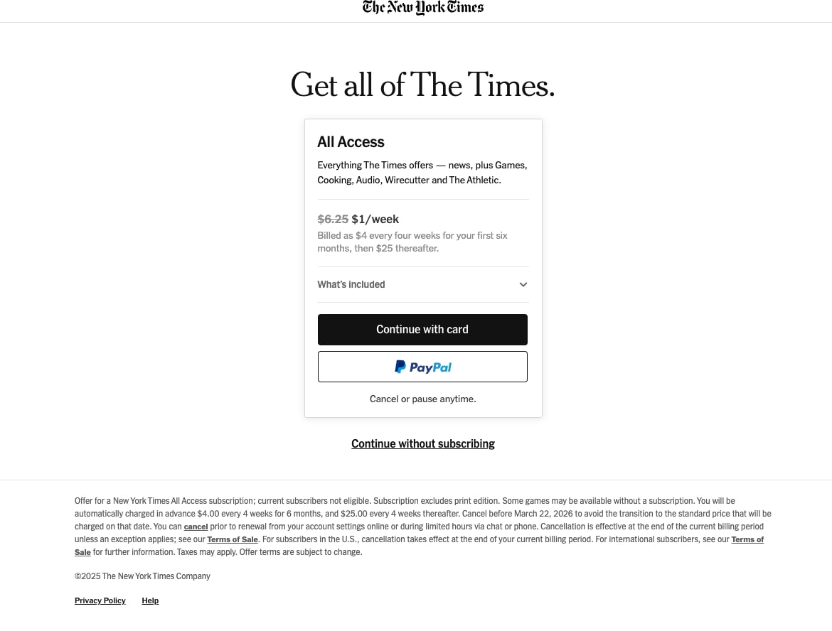 The New York Times: Digital and Home Delivery Subscriptions captured website design