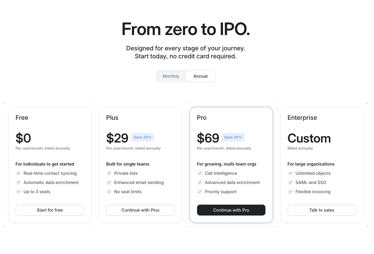Pricing | Attio captured website design