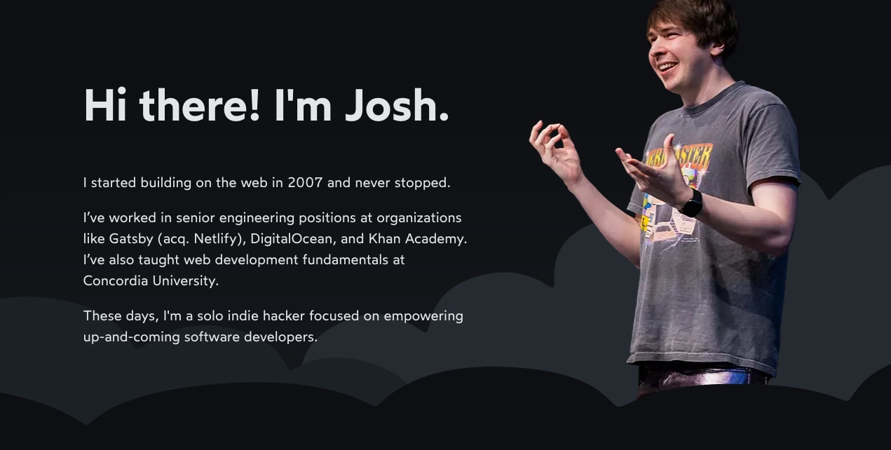 Hero section with large display type, biographical text, and cutout portrait against cloud shapes captured website design
