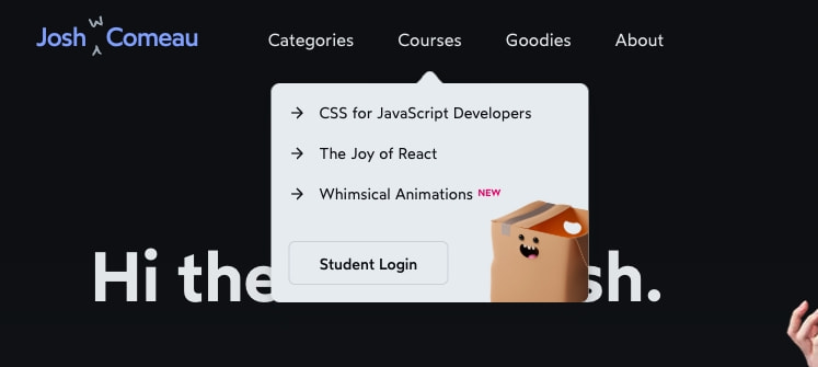 Navigation dropdown with light panel, arrow indicator, and playful cardboard box mascot on near-black background captured website design