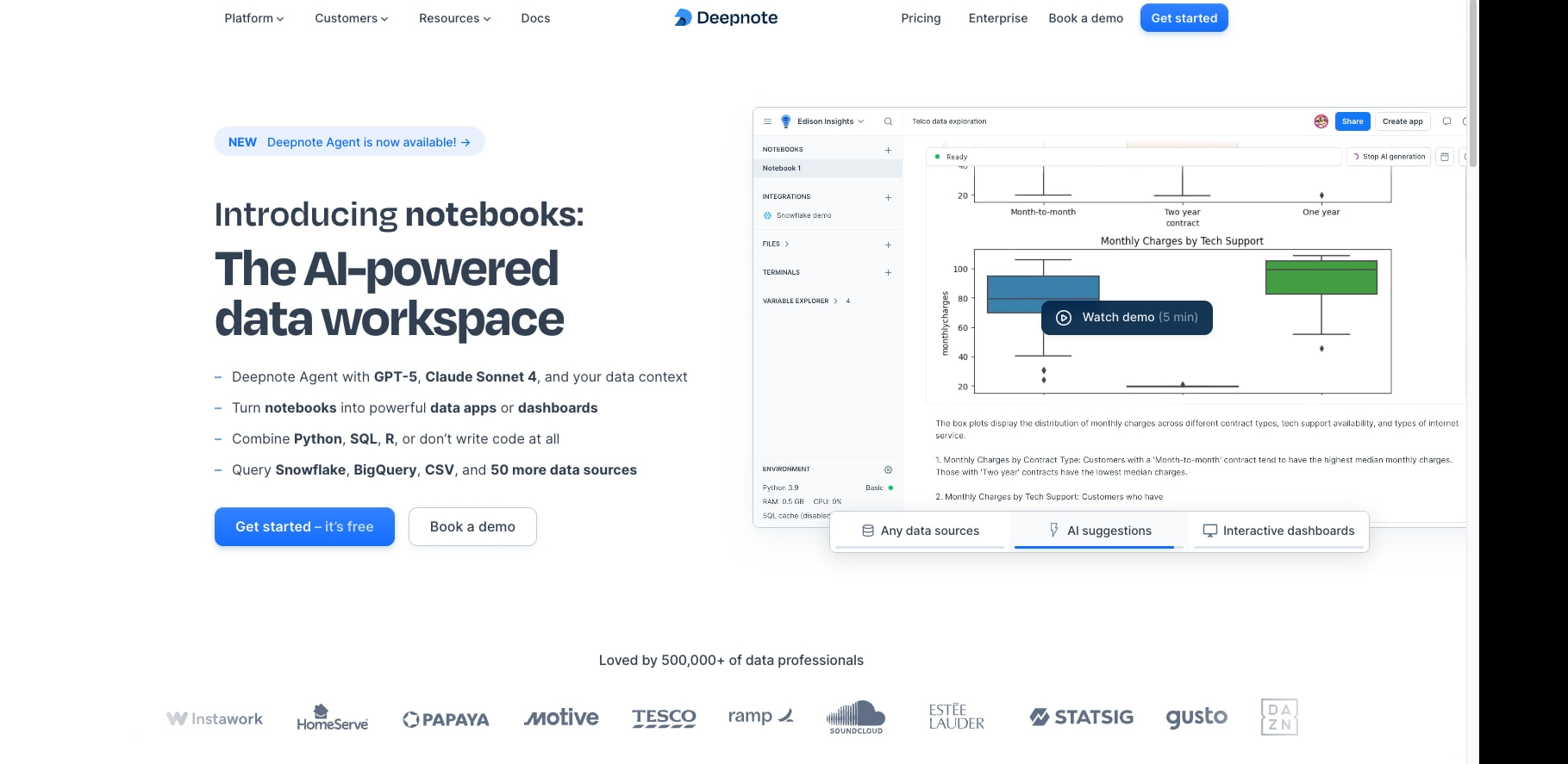 Deepnote: Analytics and data science notebook for teams. captured website design
