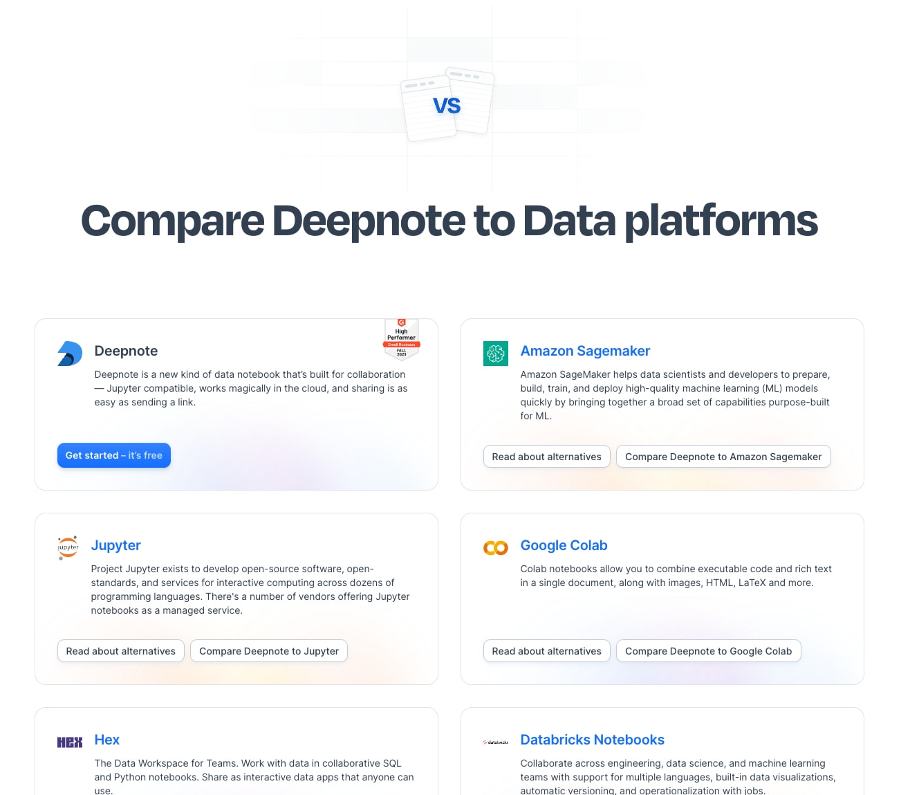 Comparison page with a two-column grid of platform cards featuring the Deepnote brand mark, competitor logos, and action buttons with rounded corners. captured website design