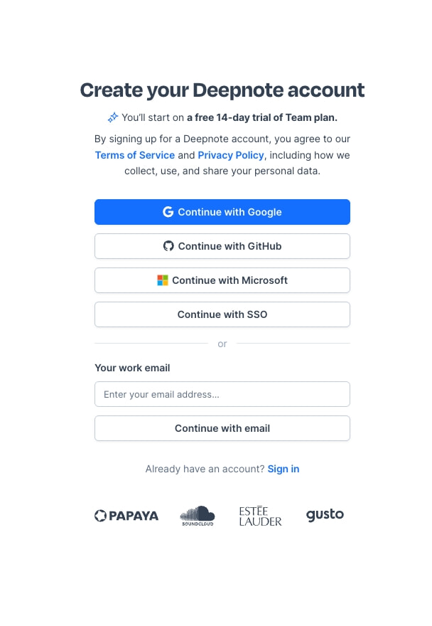 Close-up of the sign-up form showing the blue primary action button, outlined secondary buttons, and email input field with clear typographic hierarchy. captured website design