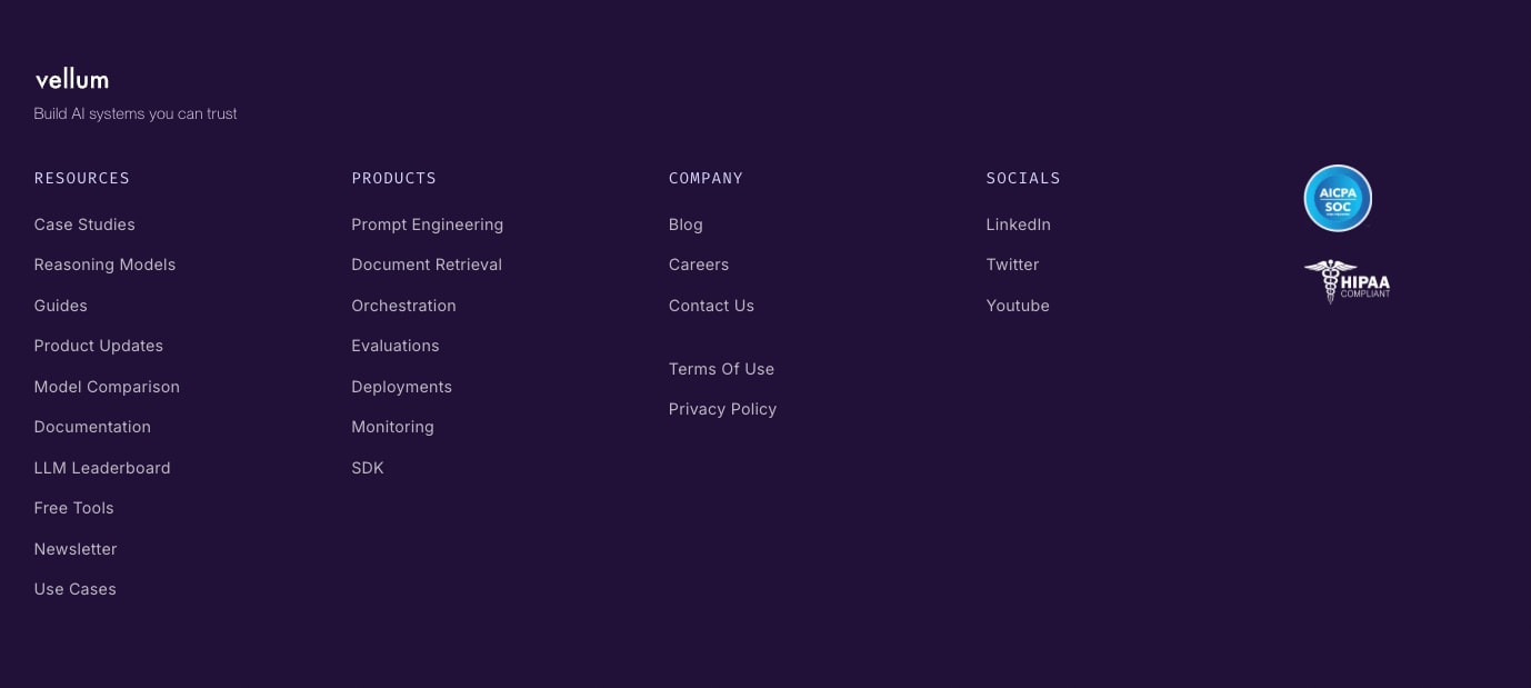 Deep navy footer with multi-column link grid, compliance badges, and muted lavender column labels on a dark surface. captured website design