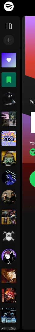 Collapsed left sidebar showing Spotify logo, navigation icons, library shortcuts, and stacked album cover thumbnails against a near-black background with rounded square containers. captured website design