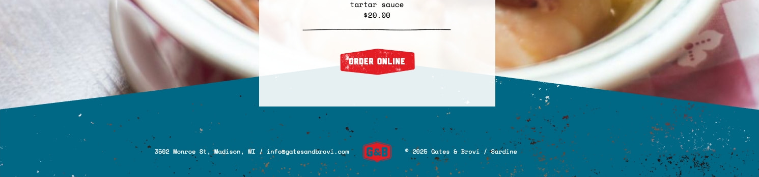 Footer section with teal speckled background, red ORDER ONLINE button, address text in monospace, and red G&B logo mark captured website design