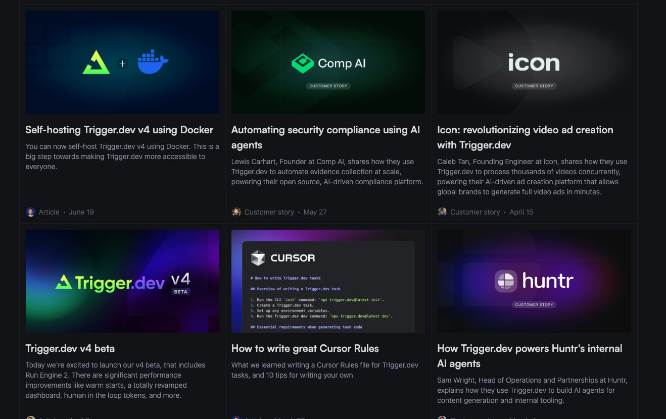 Blog grid layout showing six article cards with varied hero imagery including Docker, Comp AI, and Cursor integrations captured website design