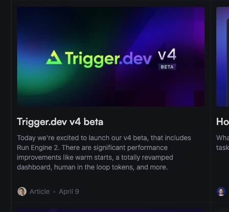 Blog card featuring Trigger.dev v4 beta announcement with gradient hero image and category metadata captured website design
