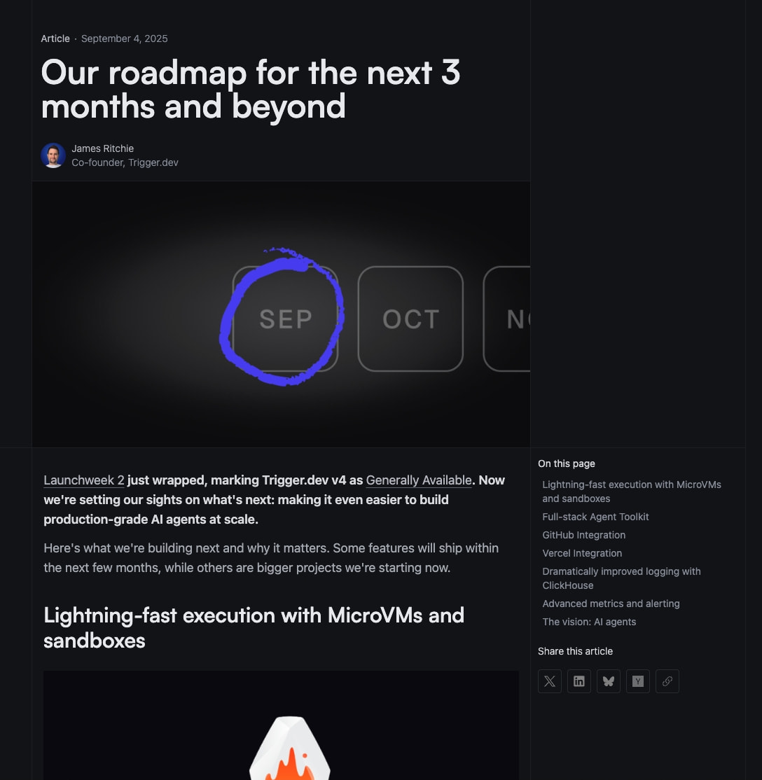 Blog article page with dark theme, roadmap timeline graphic with blue accent ring, and author attribution block captured website design