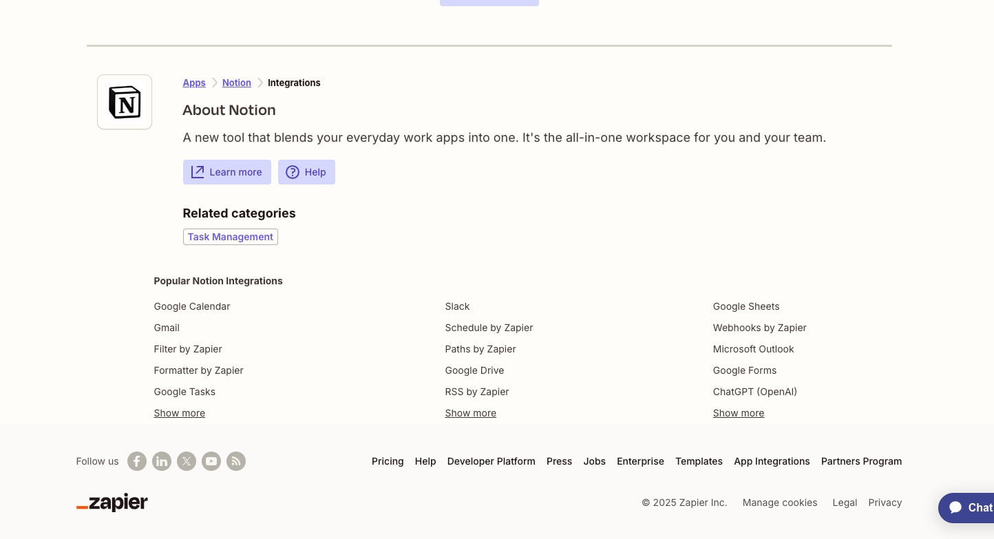 Notion integrations page with app icon, breadcrumb navigation, category tags, and three-column integration links captured website design