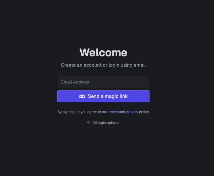 Centered magic-link login form with email input field, purple send button, and terms agreement text on dark background captured website design