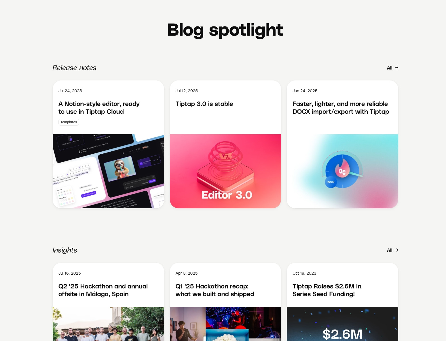 Blog spotlight section with category headers and mixed media card layouts captured website design