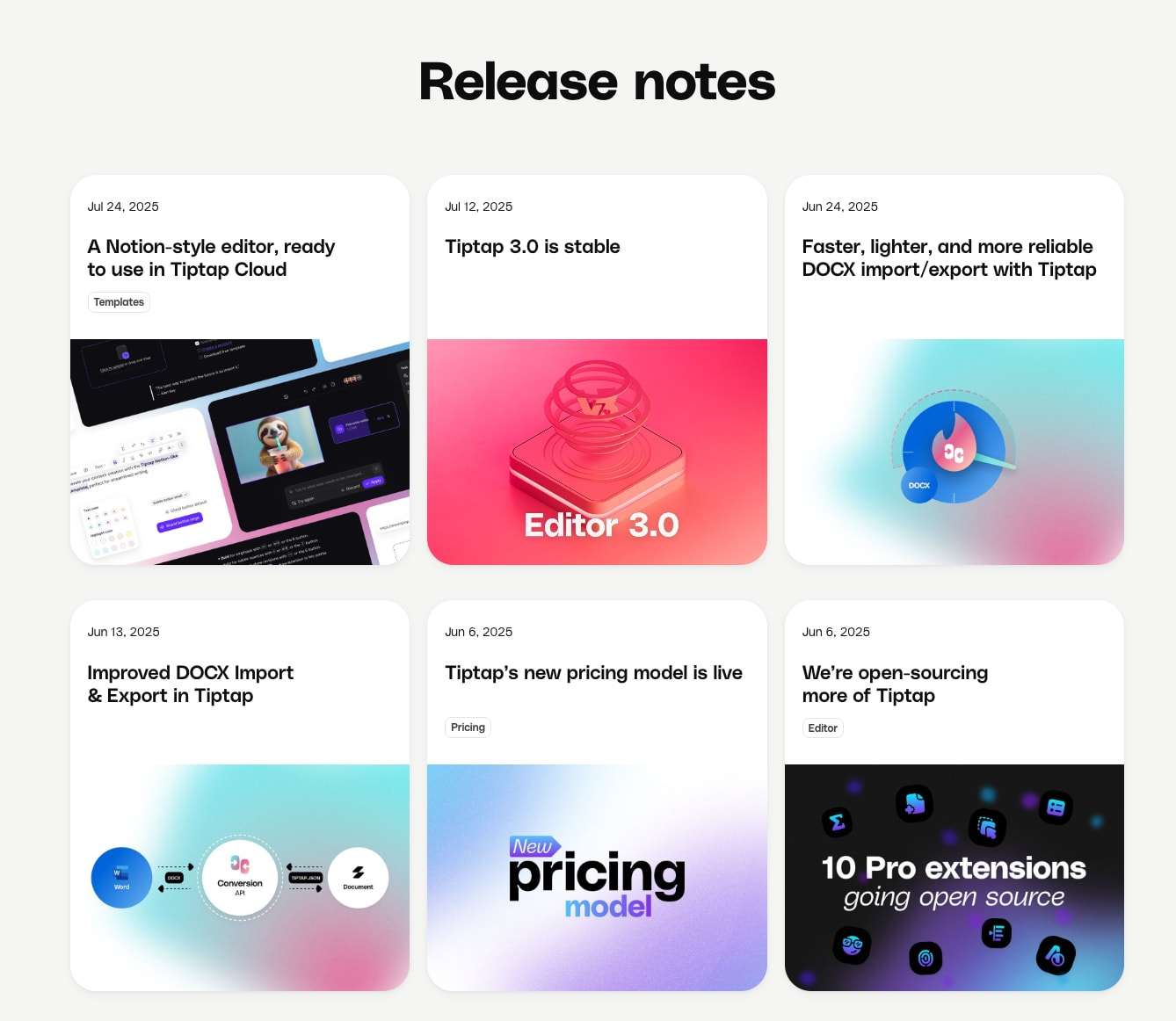Release notes grid with rounded white cards and colorful editorial thumbnails captured website design