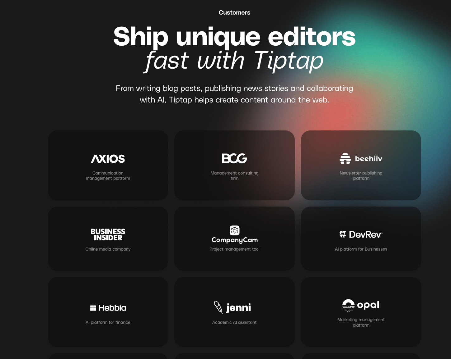 Customers page hero with gradient glow and dark customer logo grid cards captured website design
