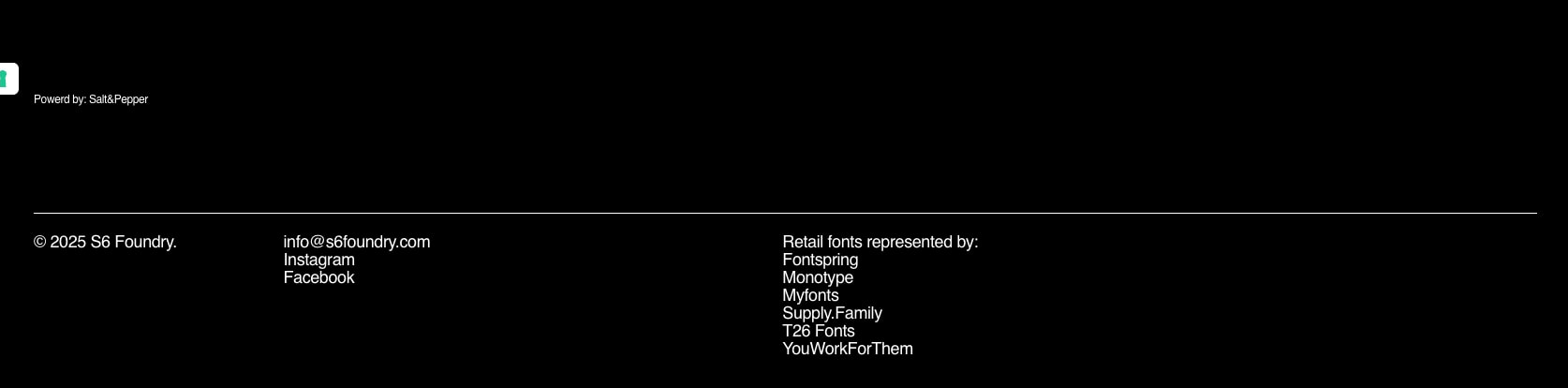 Minimal footer with white text on black, horizontal rule, and multi-column retail font partner links captured website design