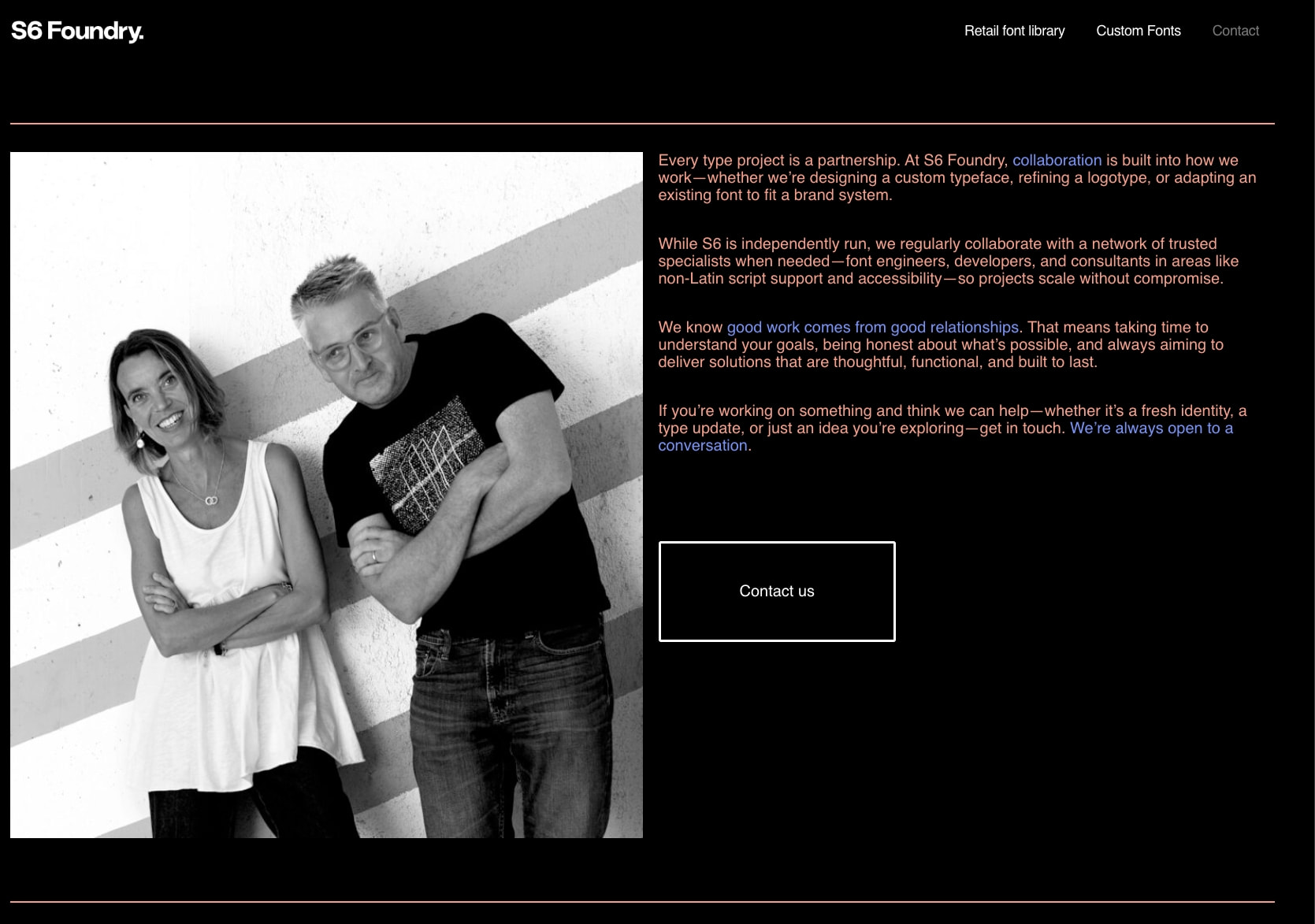 Contact page with black background, portrait photography, and outlined CTA button with coral text links captured website design