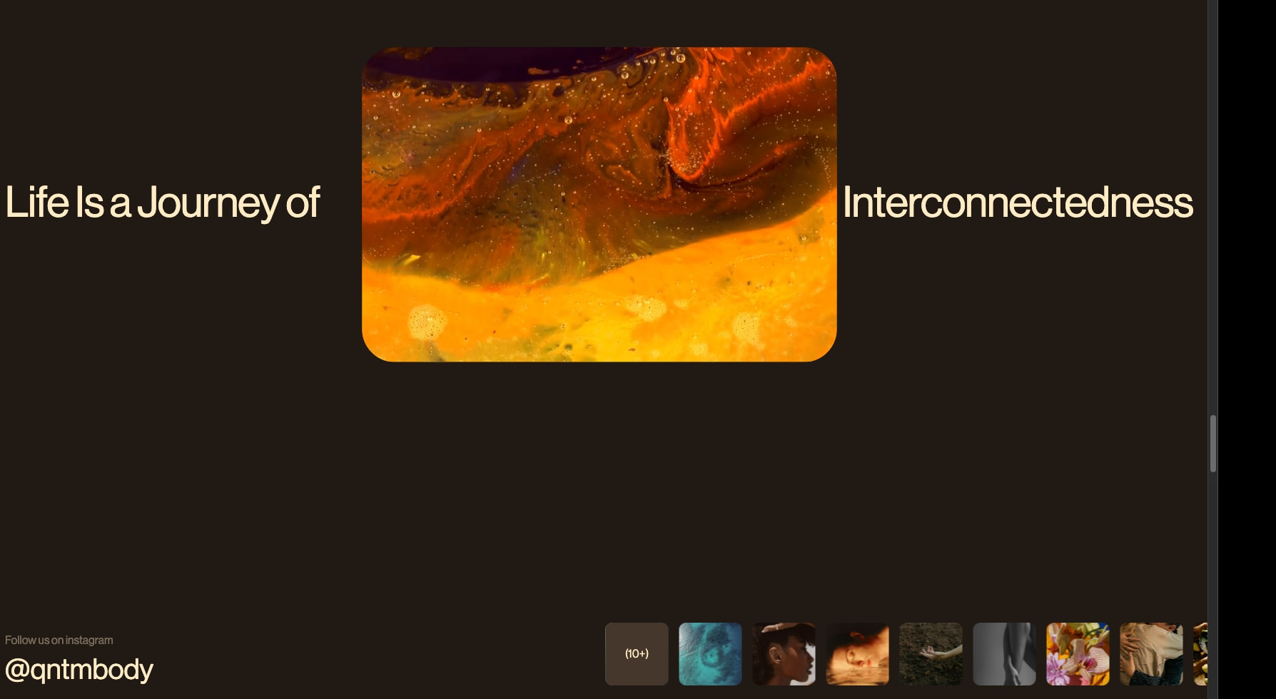 Dark hero section with split headline framing an orange abstract fluid image, plus Instagram gallery strip captured website design