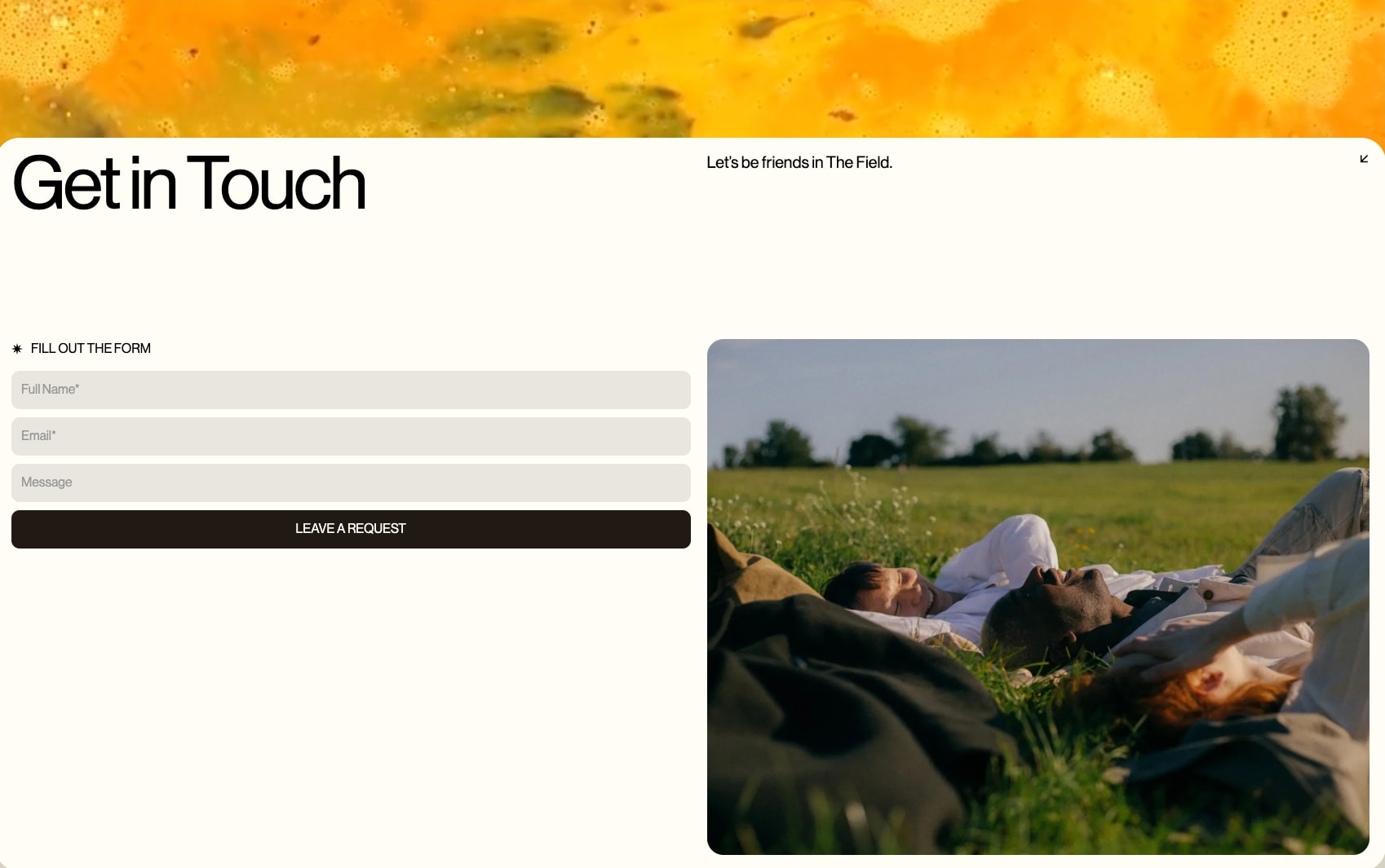 Contact page with large display heading, stacked form fields, dark submit button, and rounded landscape photograph captured website design