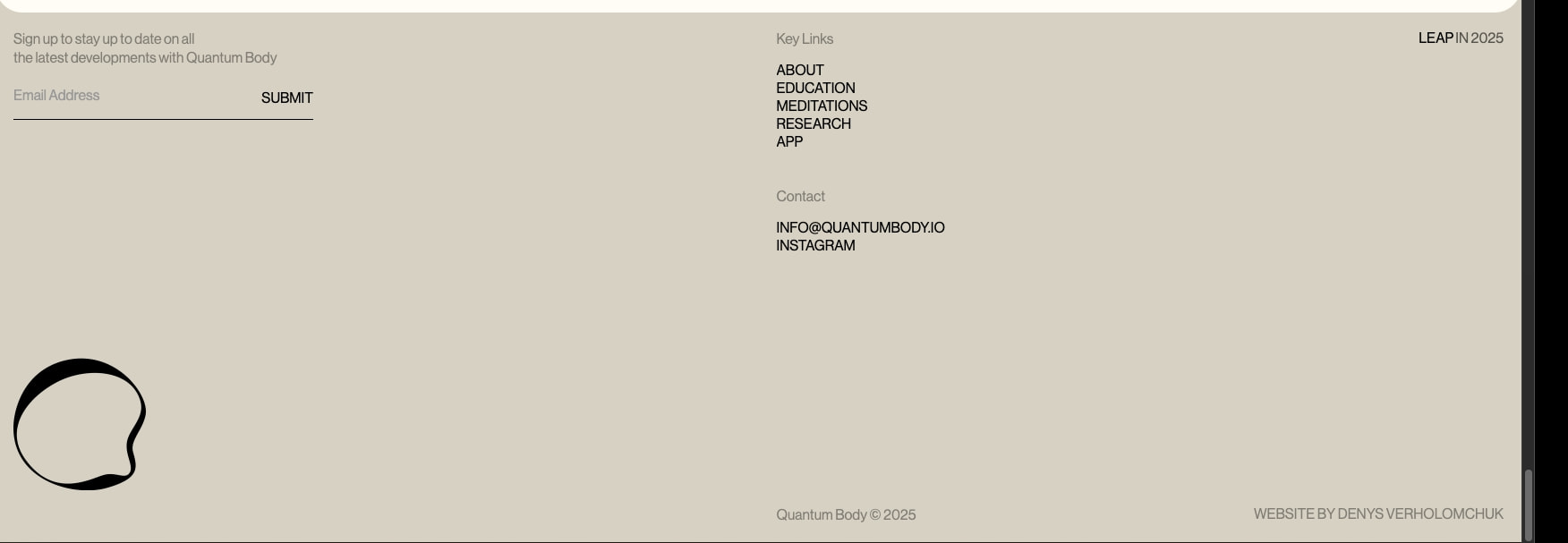 Footer section with email signup form, key links navigation, and abstract black ring logo on warm beige background captured website design