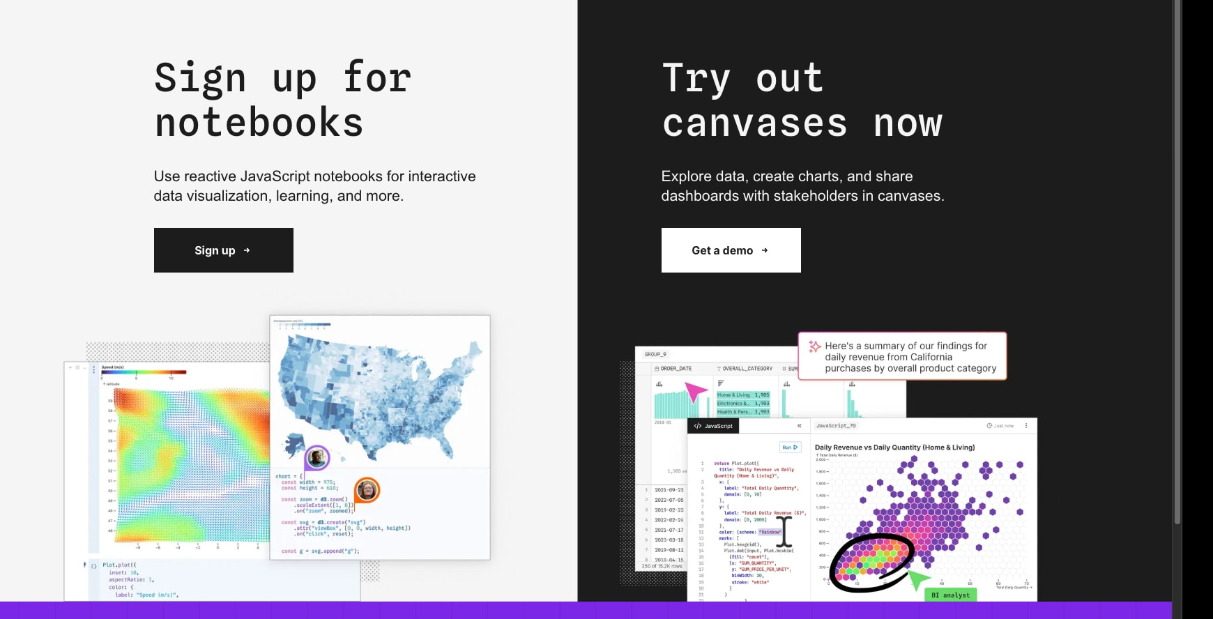 Sign up to start creating charts and dashboards | Observable captured website design