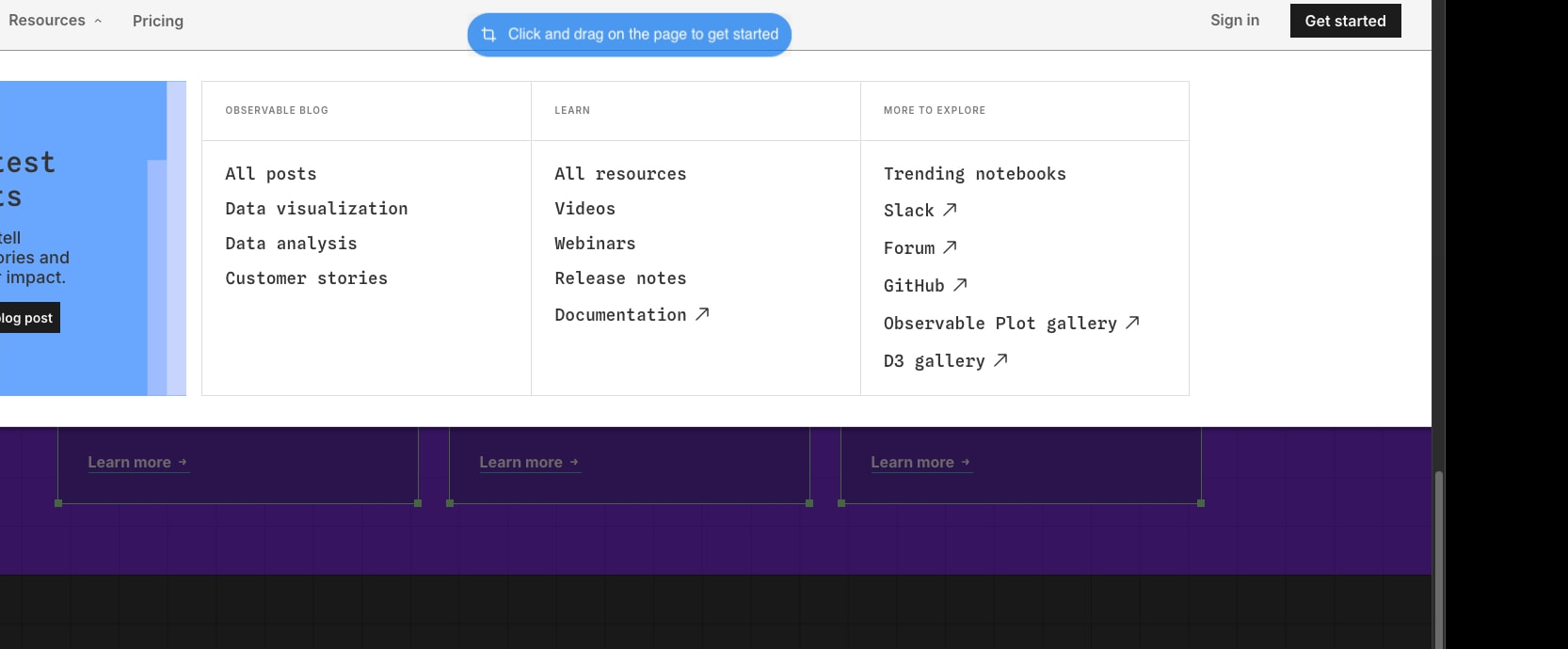 Sign up to start creating charts and dashboards | Observable captured website design