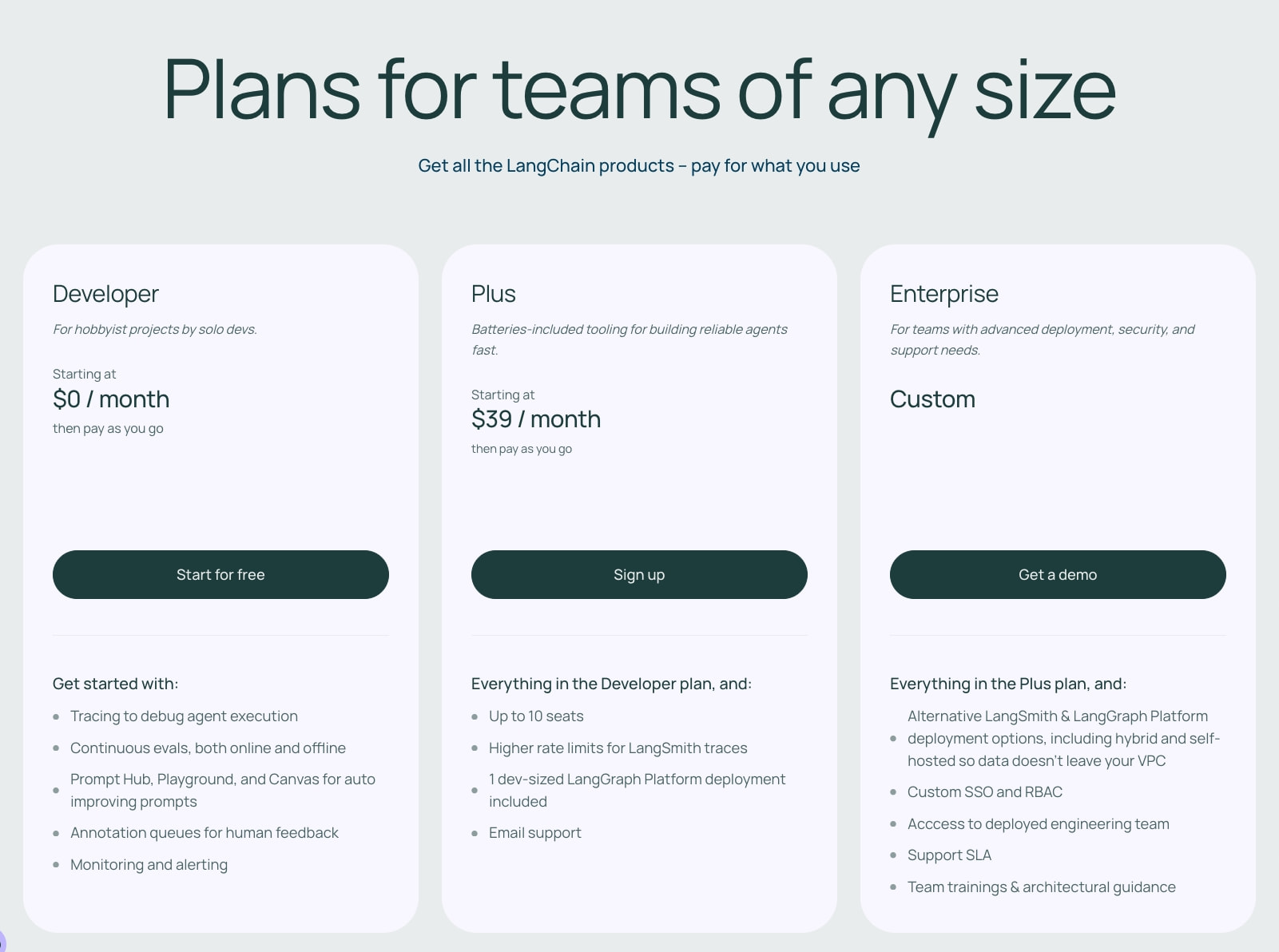 Pricing hero section with three-tier card layout and large display heading on muted sage background captured website design