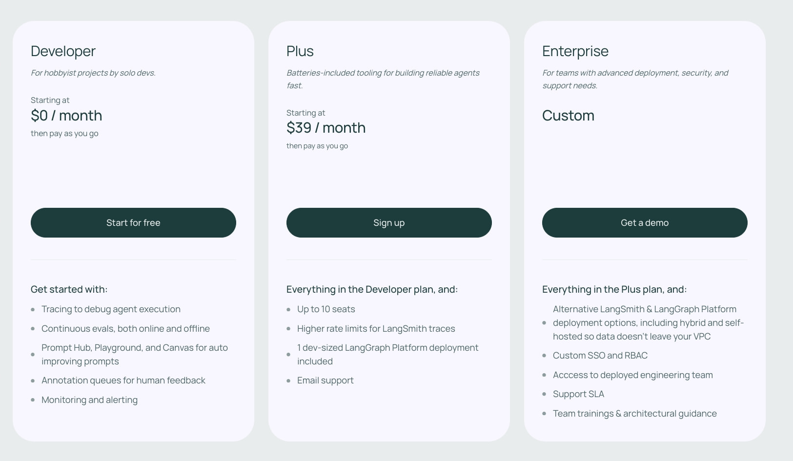 Three pricing plan cards with pill-shaped dark buttons and feature bullet lists on light surface captured website design