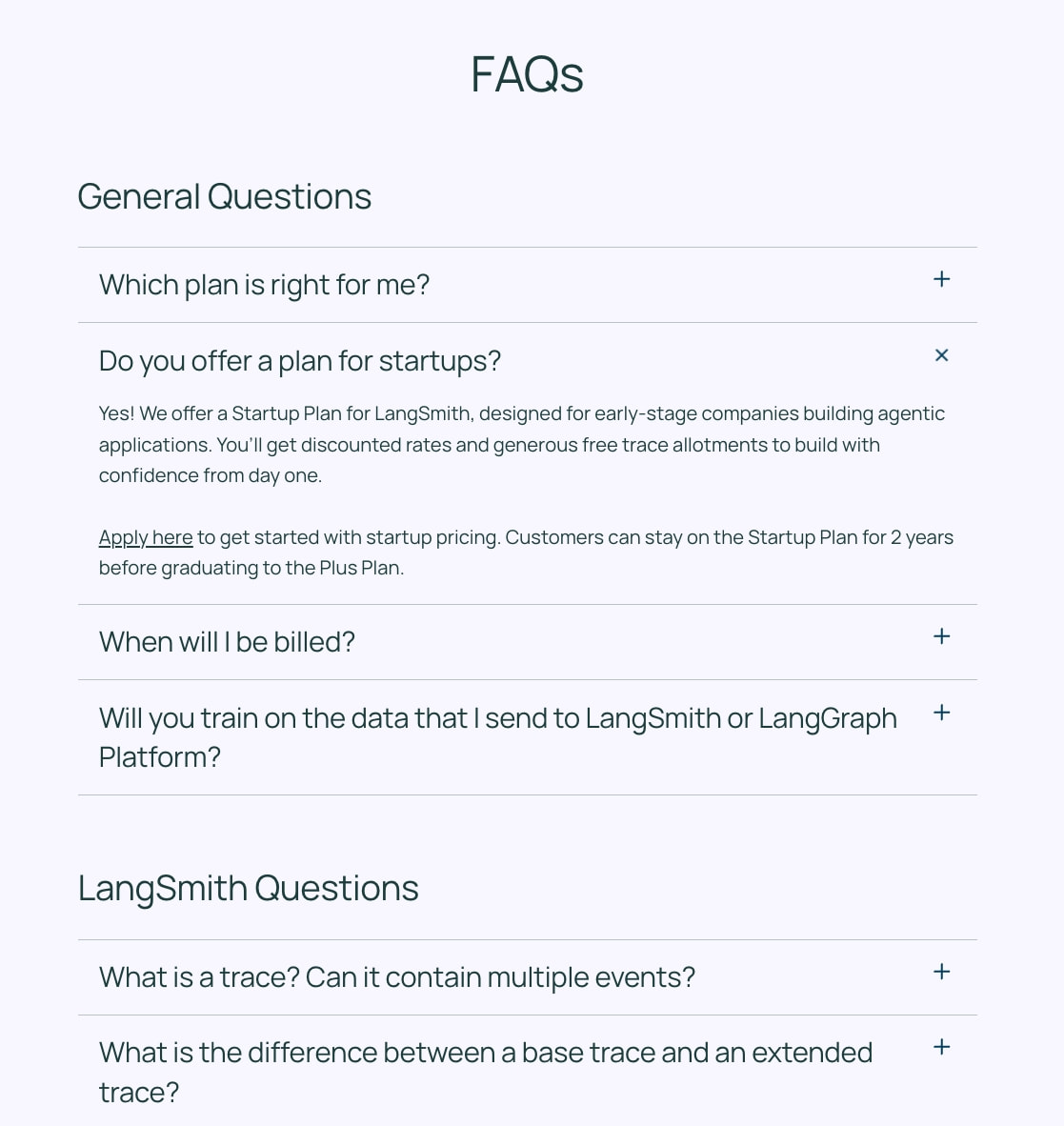 FAQ accordion with expand/collapse controls and section groupings on pale background captured website design