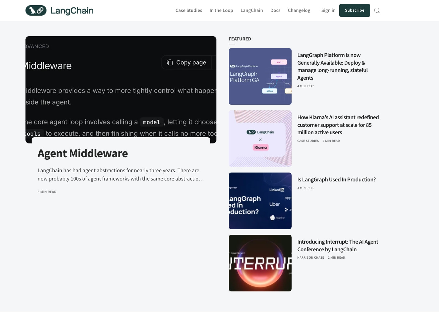 Blog homepage with navigation bar, hero article with code snippet overlay, and featured sidebar with thumbnail list captured website design